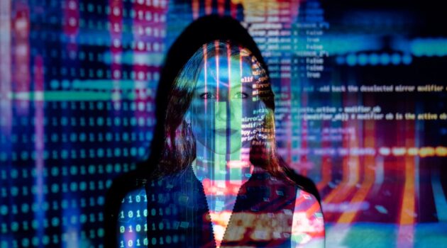 code projected over woman